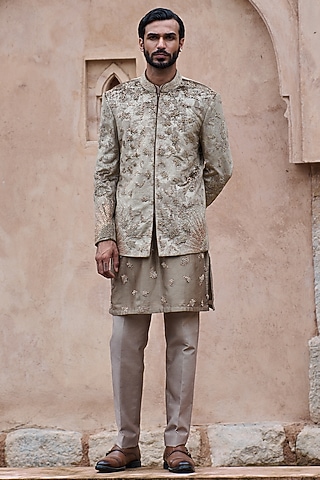 Natural Brown Velvet Dabka Embroidered Bandhgala Set by ASUKA
