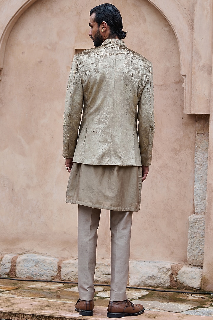 Natural Brown Velvet Dabka Embroidered Wedding Bandhgala Set by ASUKA at Pernia's Pop Up Shop