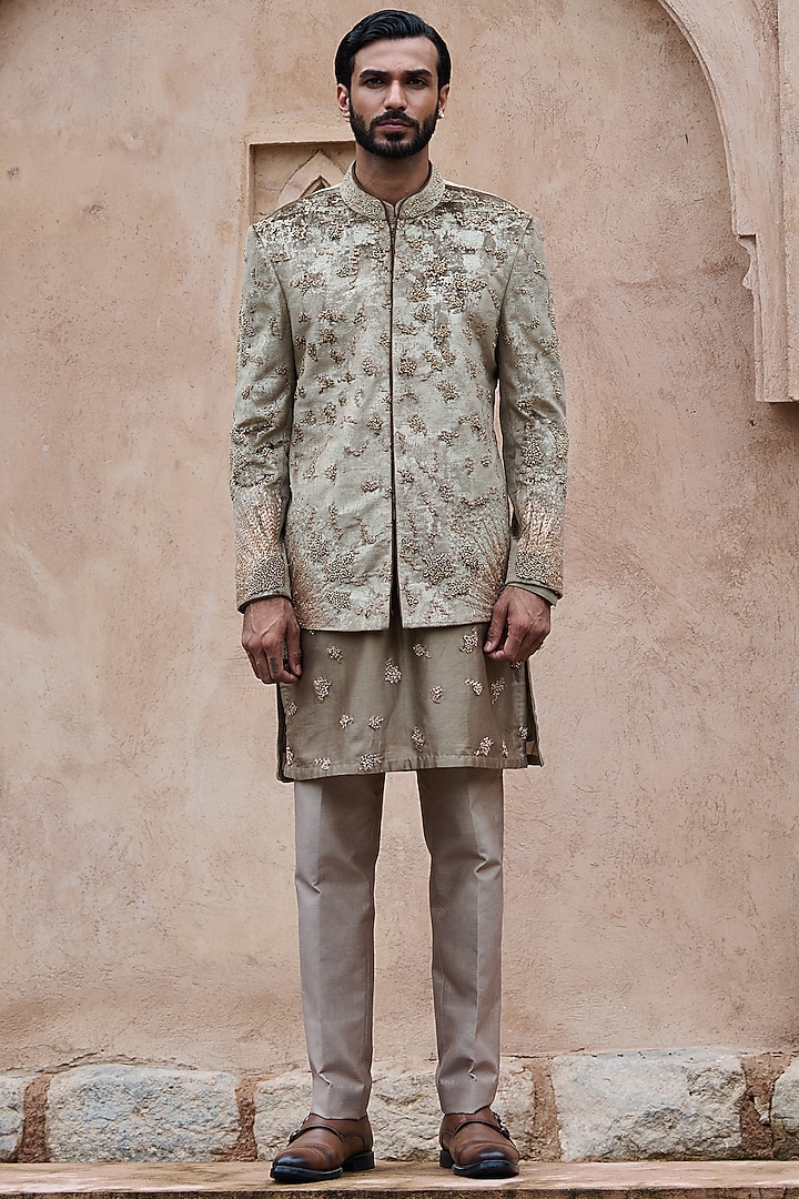 Natural Brown Velvet Dabka Embroidered Wedding Bandhgala Set by ASUKA at Pernia's Pop Up Shop