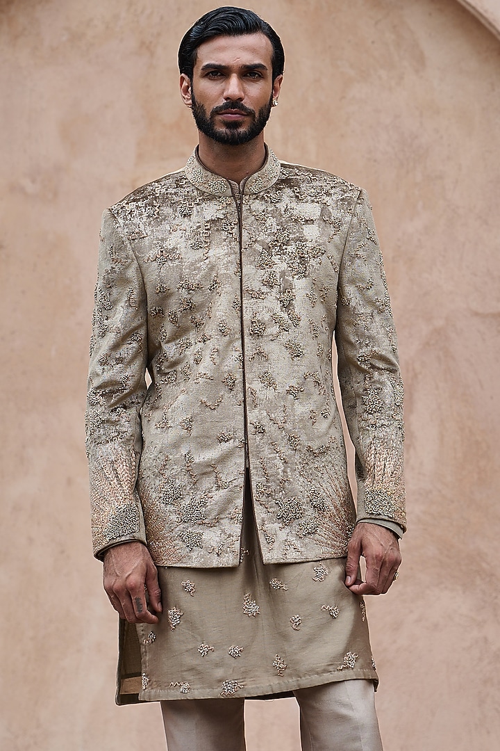 Natural Brown Velvet Dabka Embroidered Wedding Bandhgala Set by ASUKA at Pernia's Pop Up Shop