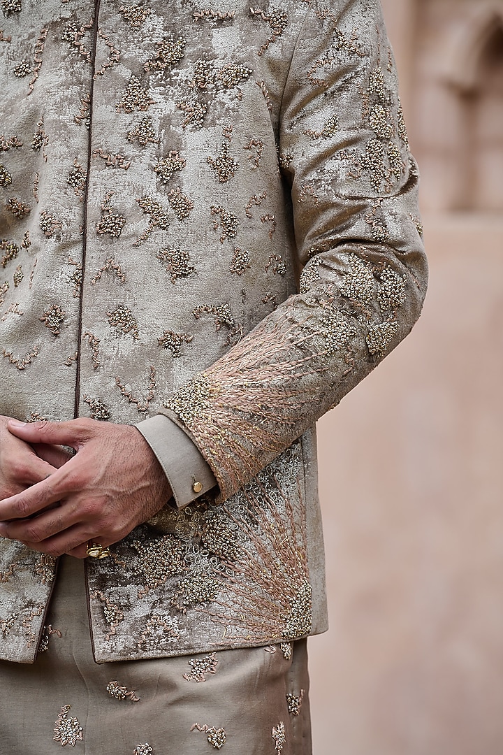 Natural Brown Velvet Dabka Embroidered Wedding Bandhgala Set by ASUKA at Pernia's Pop Up Shop