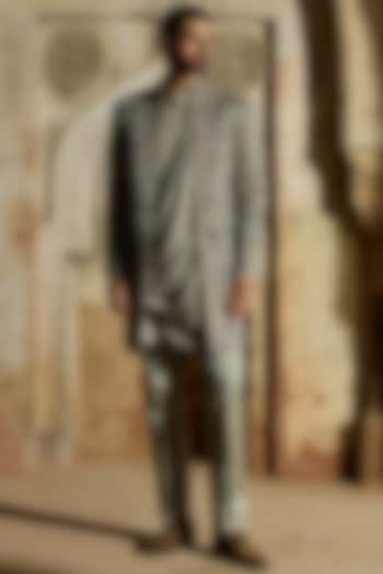 Mouse Grey Satin Silk Resham Embroidered Groom Indowestern Set by ASUKA at Pernia's Pop Up Shop