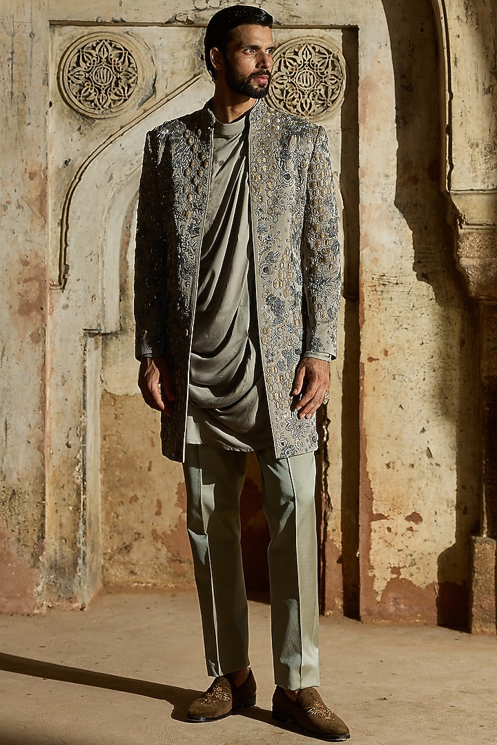 Mouse Grey Satin Silk Resham Embroidered Groom Indowestern Set by ASUKA at Pernia's Pop Up Shop