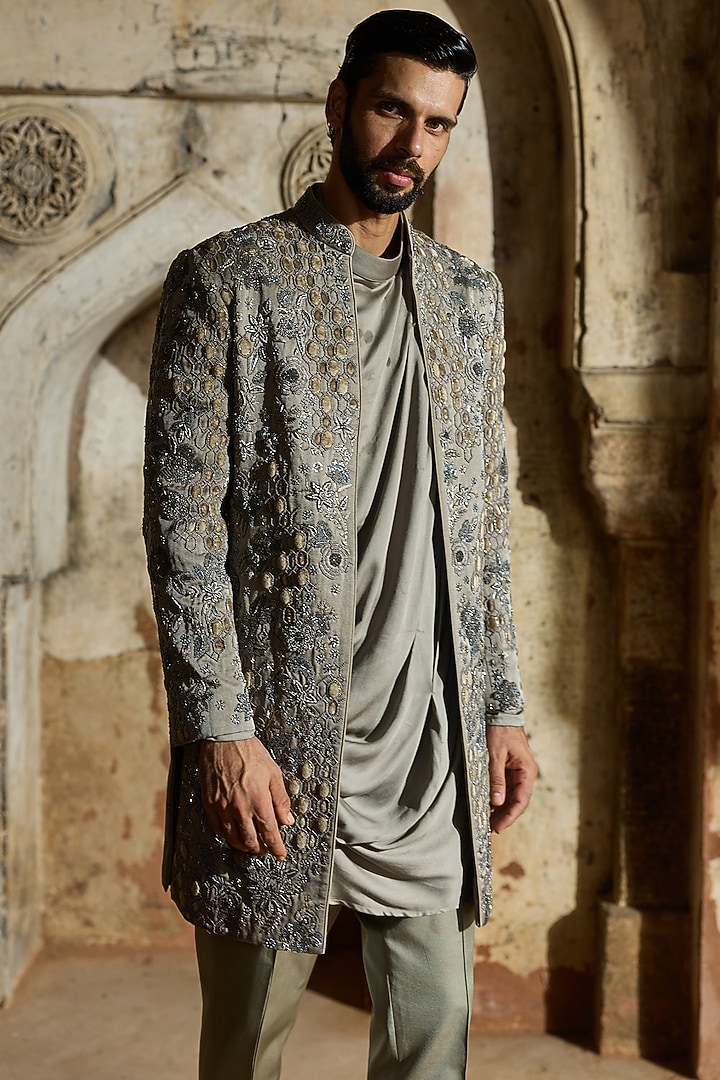 Mouse Grey Satin Silk Resham Embroidered Groom Indowestern Set by ASUKA at Pernia's Pop Up Shop