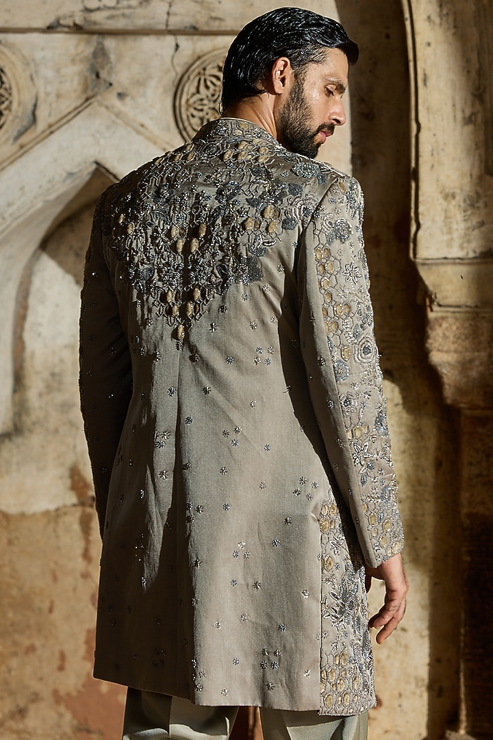 Mouse Grey Satin Silk Resham Embroidered Groom Indowestern Set by ASUKA at Pernia's Pop Up Shop