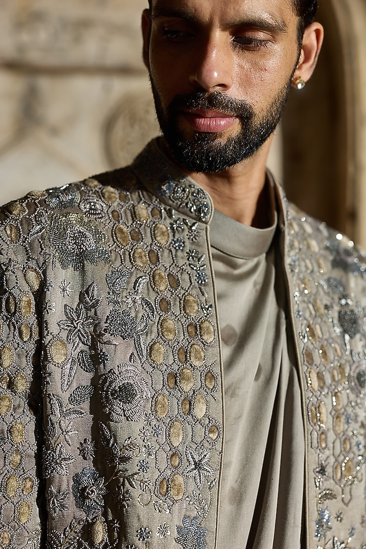 Mouse Grey Satin Silk Resham Embroidered Groom Indowestern Set by ASUKA at Pernia's Pop Up Shop