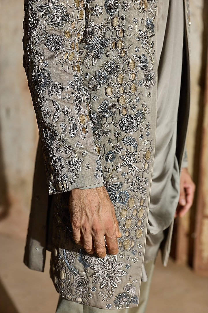 Mouse Grey Satin Silk Resham Embroidered Groom Indowestern Set by ASUKA at Pernia's Pop Up Shop
