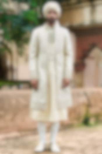 Cream Jacquard & Chanderi Moti Embroidered Groom Sherwani Set by ASUKA at Pernia's Pop Up Shop