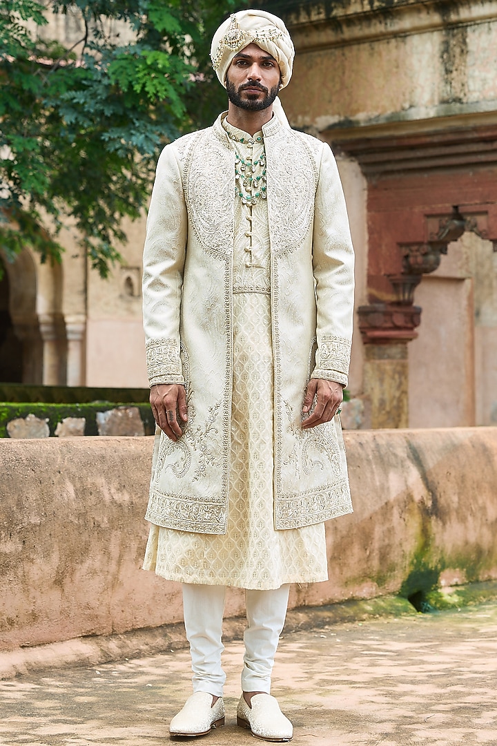 Cream Jacquard & Chanderi Moti Embroidered Groom Sherwani Set by ASUKA at Pernia's Pop Up Shop
