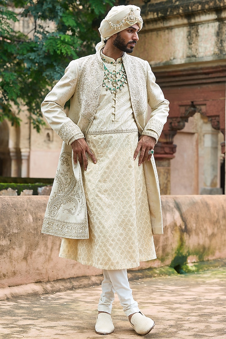 Cream Jacquard & Chanderi Moti Embroidered Groom Sherwani Set by ASUKA at Pernia's Pop Up Shop