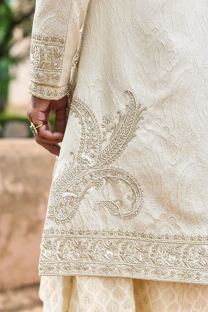 Cream Jacquard & Chanderi Moti Embroidered Groom Sherwani Set by ASUKA at Pernia's Pop Up Shop