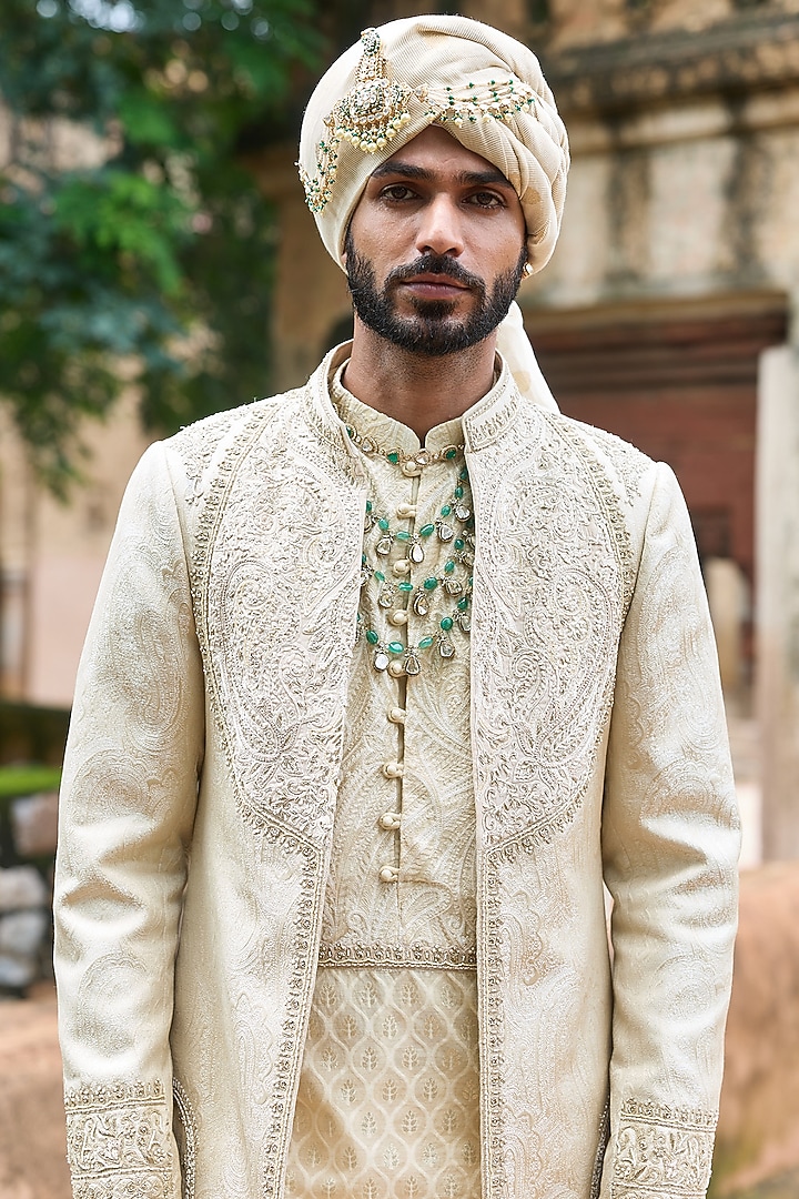 Cream Jacquard & Chanderi Moti Embroidered Groom Sherwani Set by ASUKA at Pernia's Pop Up Shop