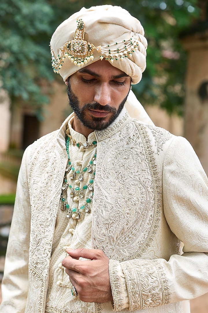 Cream Jacquard & Chanderi Moti Embroidered Groom Sherwani Set by ASUKA at Pernia's Pop Up Shop