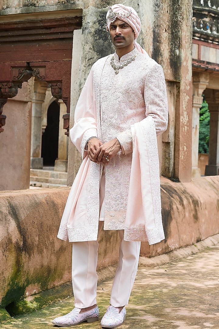 Baby Pink Raw Silk & Chanderi Hand Embellished Groom Sherwani Set by ASUKA at Pernia's Pop Up Shop