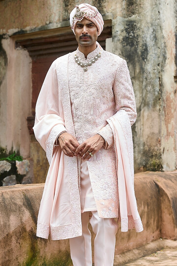 Baby Pink Raw Silk & Chanderi Hand Embellished Groom Sherwani Set by ASUKA at Pernia's Pop Up Shop