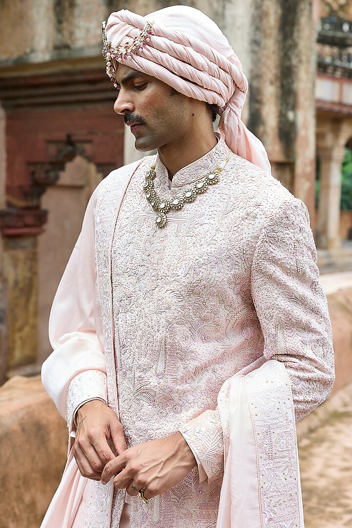 Baby Pink Raw Silk & Chanderi Hand Embellished Groom Sherwani Set by ASUKA at Pernia's Pop Up Shop