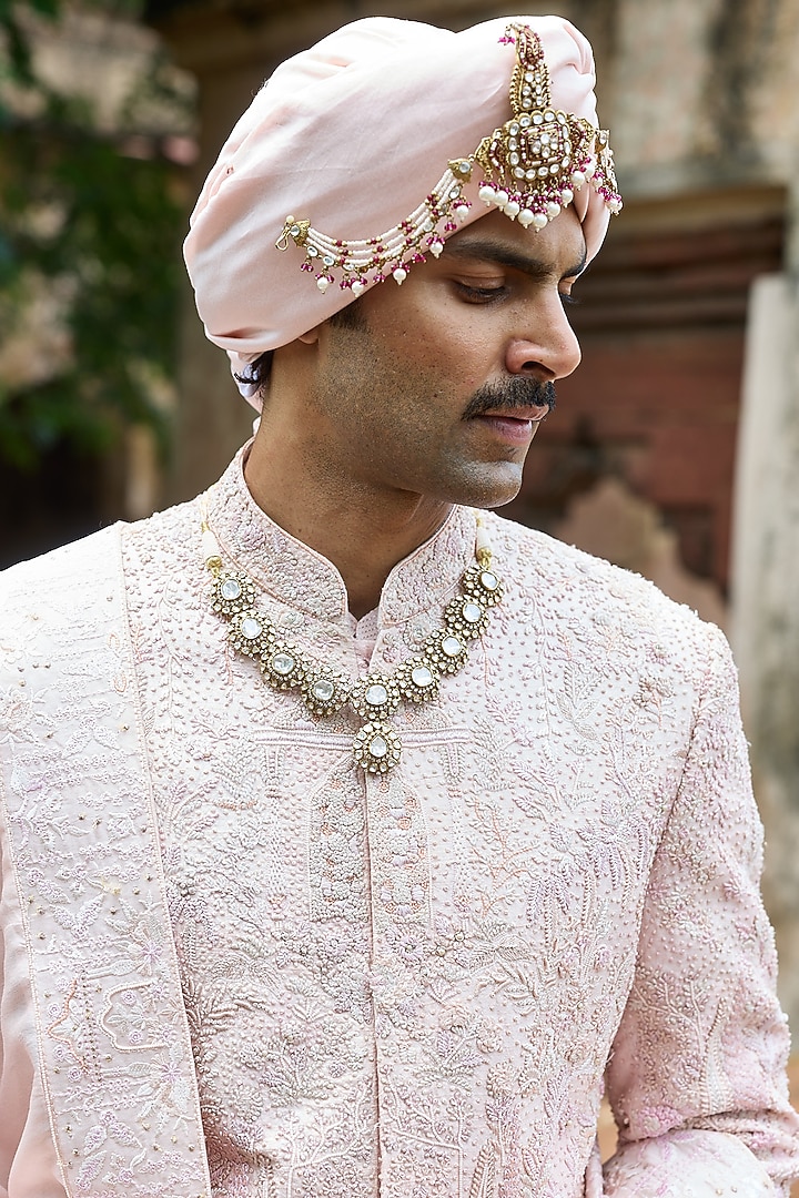 Baby Pink Raw Silk & Chanderi Hand Embellished Groom Sherwani Set by ASUKA at Pernia's Pop Up Shop