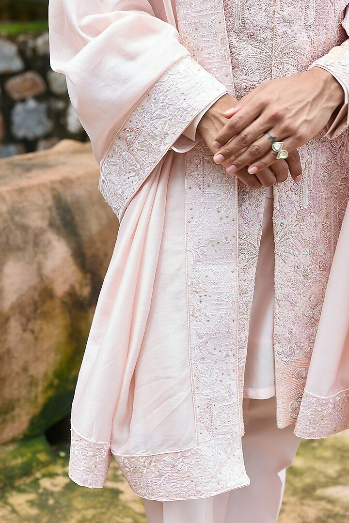 Baby Pink Raw Silk & Chanderi Hand Embellished Groom Sherwani Set by ASUKA at Pernia's Pop Up Shop