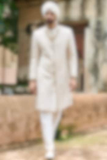 Ivory-Pink Raw Silk & Chanderi Hand Embellished Groom Sherwani Set by ASUKA at Pernia's Pop Up Shop