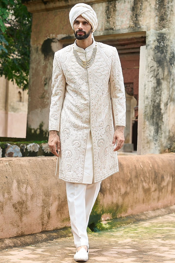 Ivory-Pink Raw Silk & Chanderi Hand Embellished Groom Sherwani Set by ASUKA at Pernia's Pop Up Shop