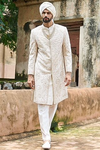 Ivory-Pink Raw Silk & Chanderi Hand Embellished Sherwani Set by ASUKA