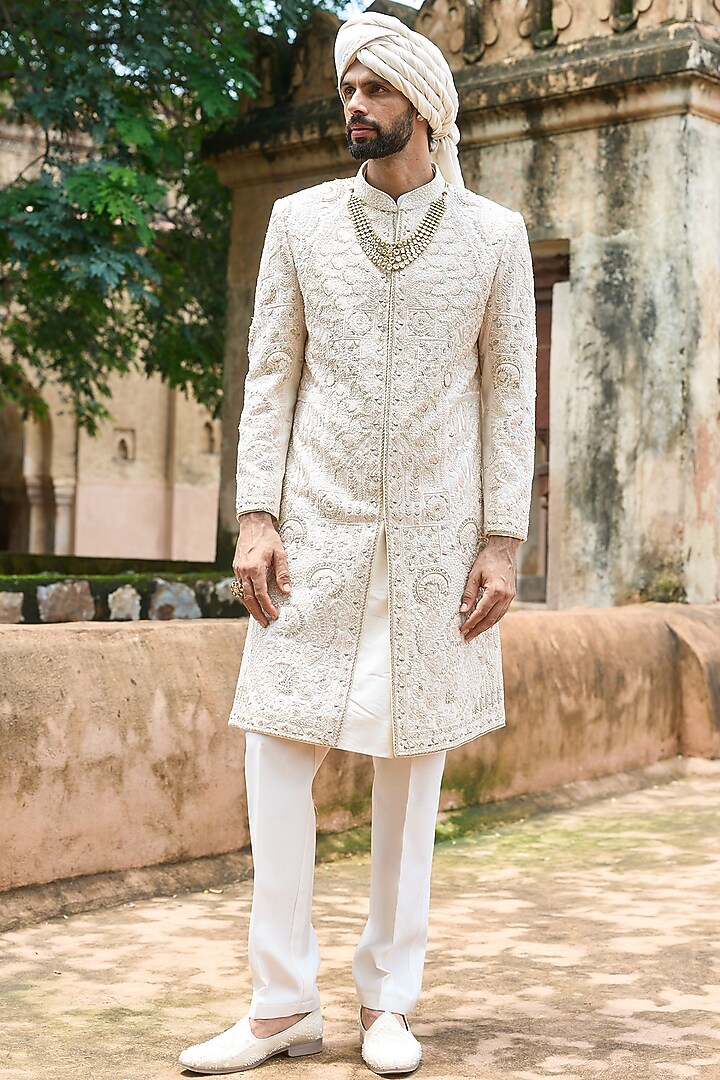 Ivory-Pink Raw Silk & Chanderi Hand Embellished Groom Sherwani Set by ASUKA at Pernia's Pop Up Shop