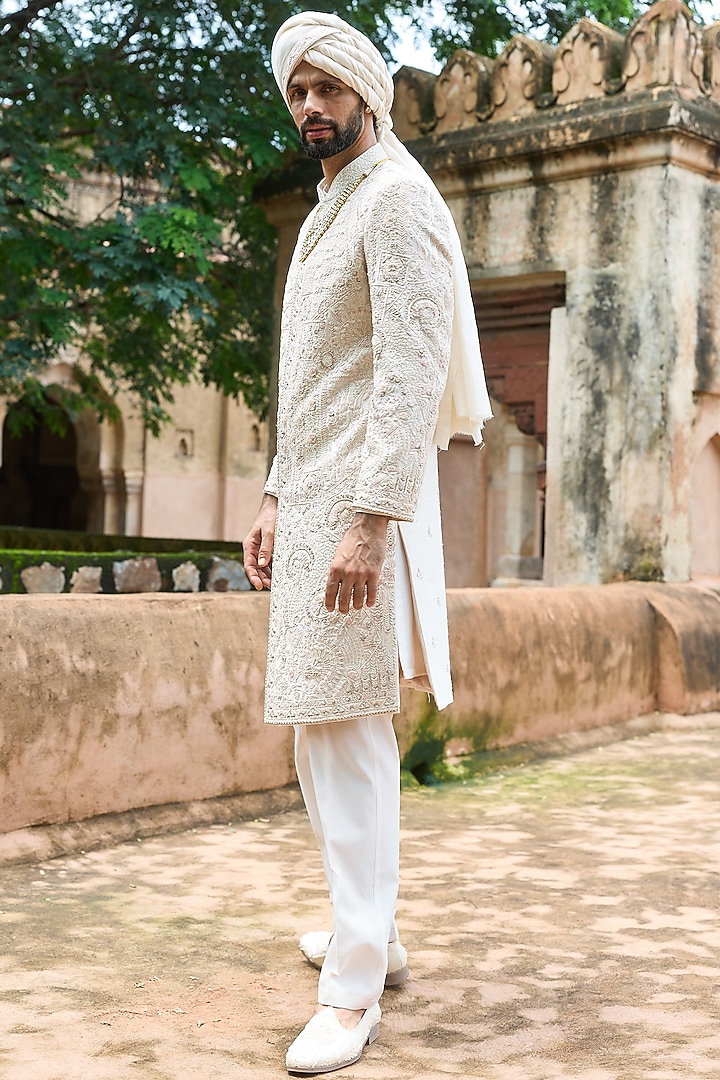 Ivory-Pink Raw Silk & Chanderi Hand Embellished Groom Sherwani Set by ASUKA at Pernia's Pop Up Shop