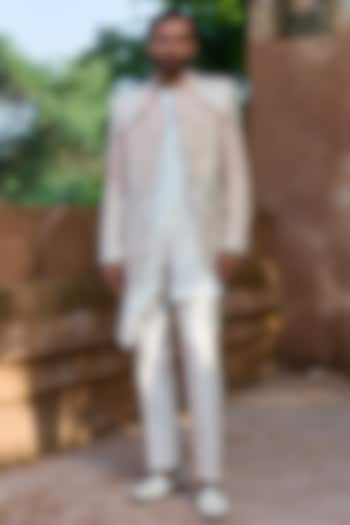 Pastel Pink Raw Silk Cutdana Embroidered Groom Bandhgala Set by ASUKA at Pernia's Pop Up Shop