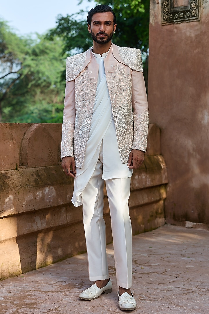 Pastel Pink Raw Silk Cutdana Embroidered Groom Bandhgala Set by ASUKA at Pernia's Pop Up Shop