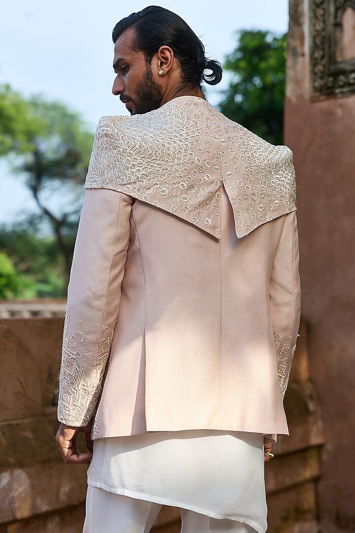 Pastel Pink Raw Silk Cutdana Embroidered Groom Bandhgala Set by ASUKA at Pernia's Pop Up Shop