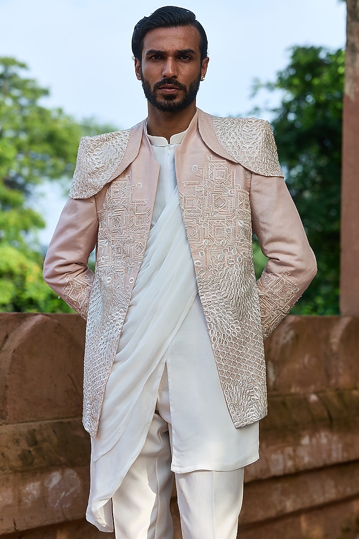 Pastel Pink Raw Silk Cutdana Embroidered Groom Bandhgala Set by ASUKA at Pernia's Pop Up Shop