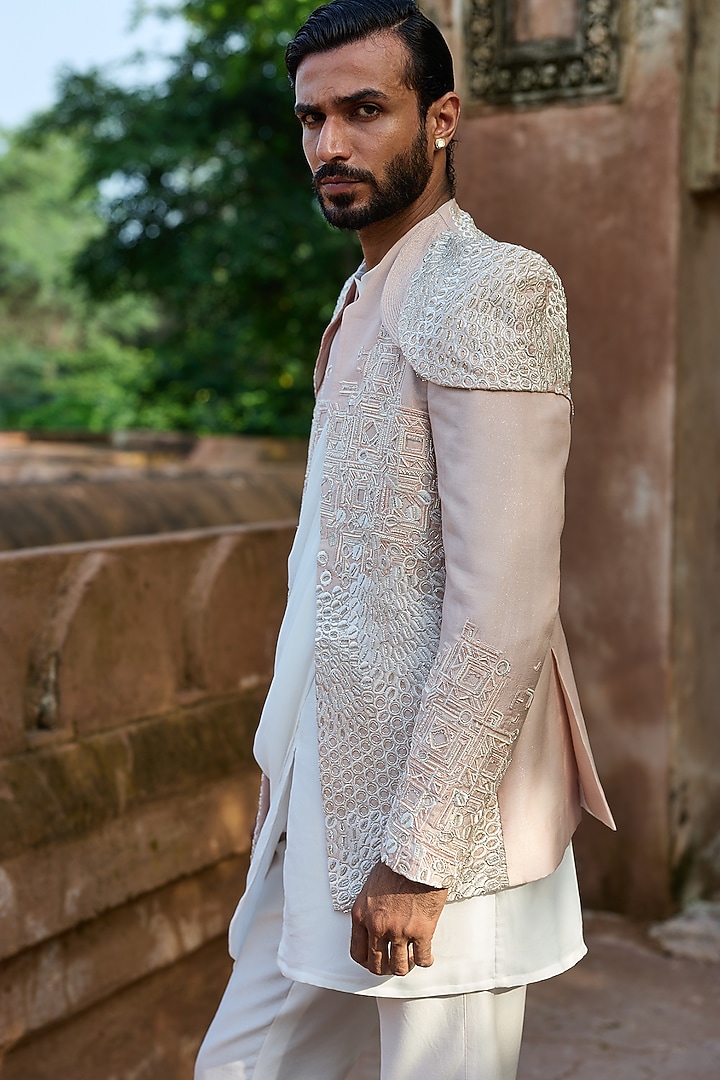 Pastel Pink Raw Silk Cutdana Embroidered Groom Bandhgala Set by ASUKA at Pernia's Pop Up Shop