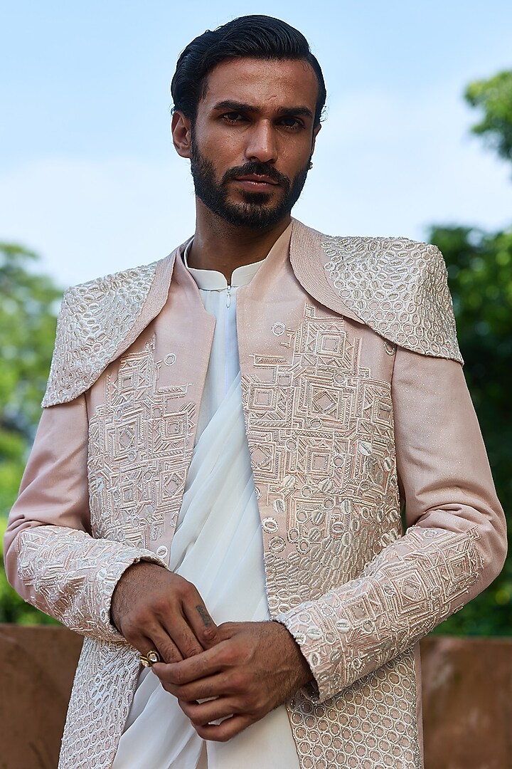 Pastel Pink Raw Silk Cutdana Embroidered Groom Bandhgala Set by ASUKA at Pernia's Pop Up Shop