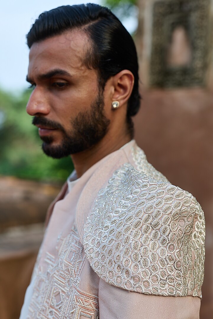 Pastel Pink Raw Silk Cutdana Embroidered Groom Bandhgala Set by ASUKA at Pernia's Pop Up Shop