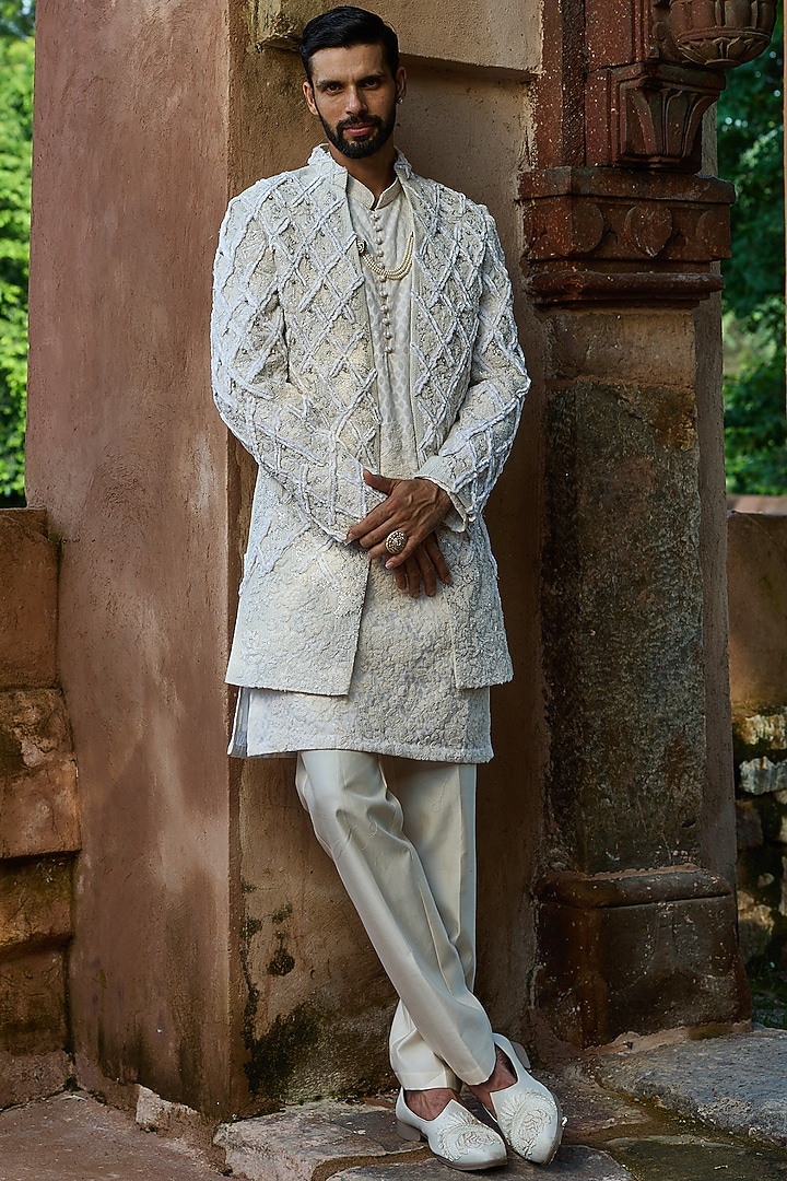 White Chanderi Resham Embroidered Groom Indowestern Set by ASUKA at Pernia's Pop Up Shop