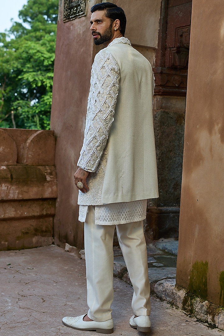 White Chanderi Resham Embroidered Groom Indowestern Set by ASUKA at Pernia's Pop Up Shop