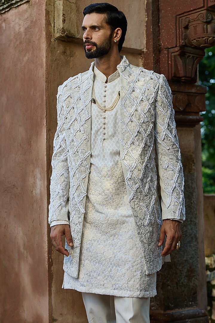 White Chanderi Resham Embroidered Groom Indowestern Set by ASUKA at Pernia's Pop Up Shop
