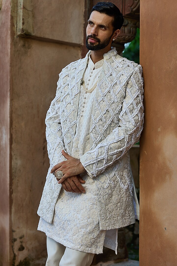 White Chanderi Resham Embroidered Groom Indowestern Set by ASUKA at Pernia's Pop Up Shop