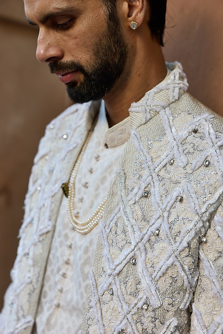 White Chanderi Resham Embroidered Groom Indowestern Set by ASUKA at Pernia's Pop Up Shop