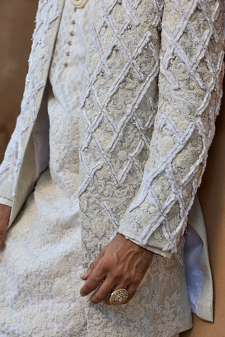 White Chanderi Resham Embroidered Groom Indowestern Set by ASUKA at Pernia's Pop Up Shop