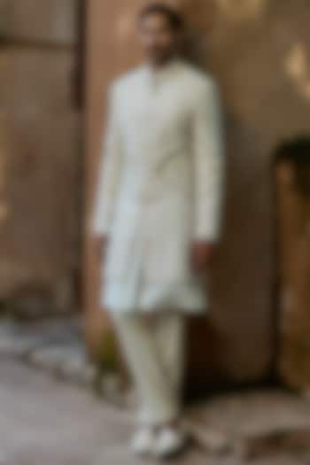 Cream Raw Silk Moti Embroidered Groom Indowestern Set by ASUKA at Pernia's Pop Up Shop