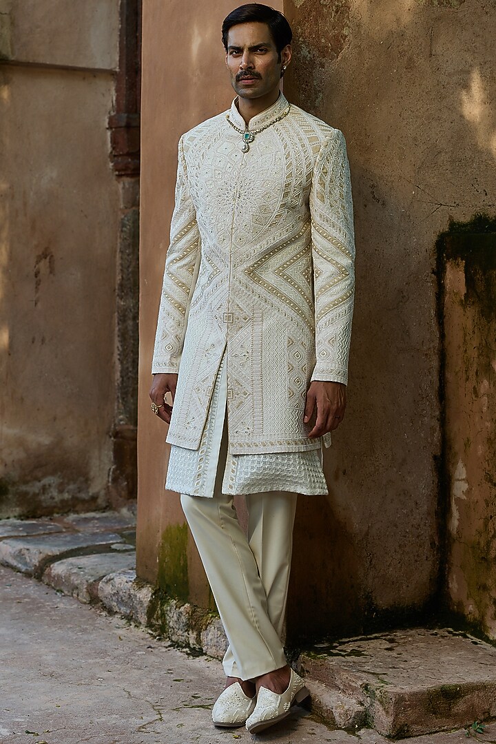 Cream Raw Silk Moti Embroidered Groom Indowestern Set by ASUKA at Pernia's Pop Up Shop