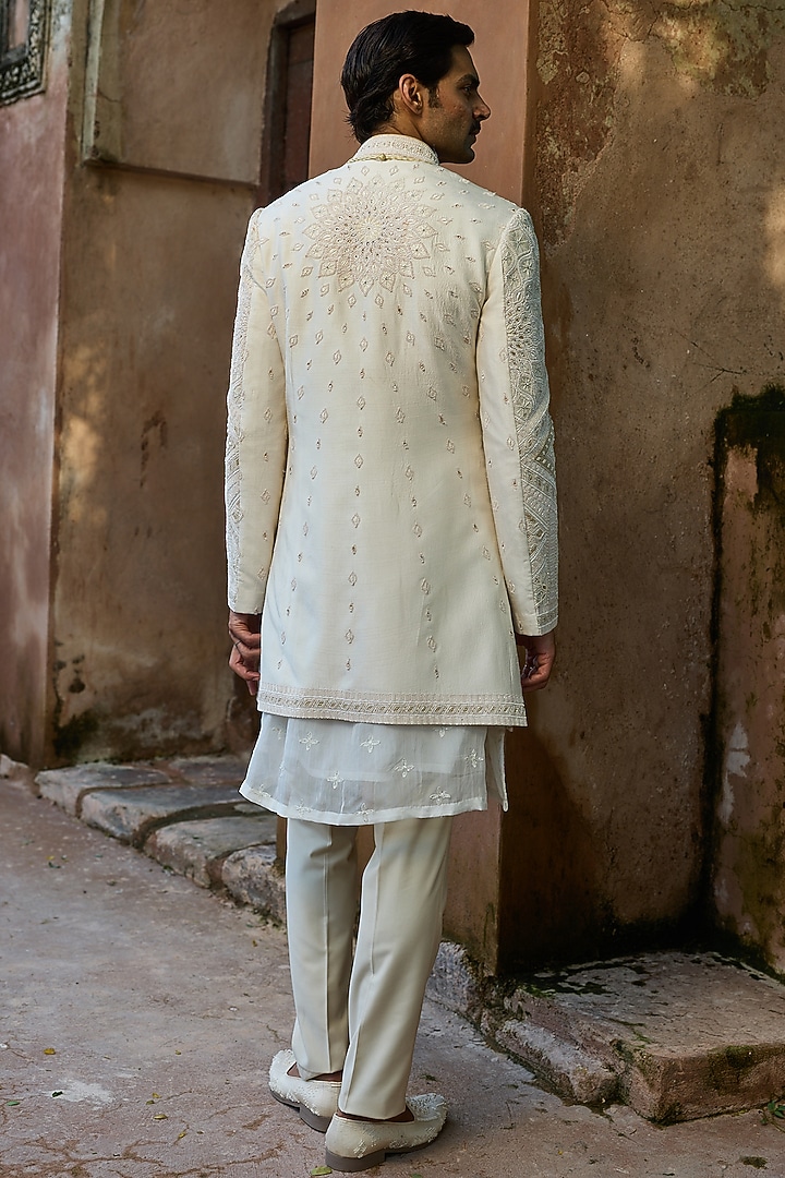 Cream Raw Silk Moti Embroidered Groom Indowestern Set by ASUKA at Pernia's Pop Up Shop