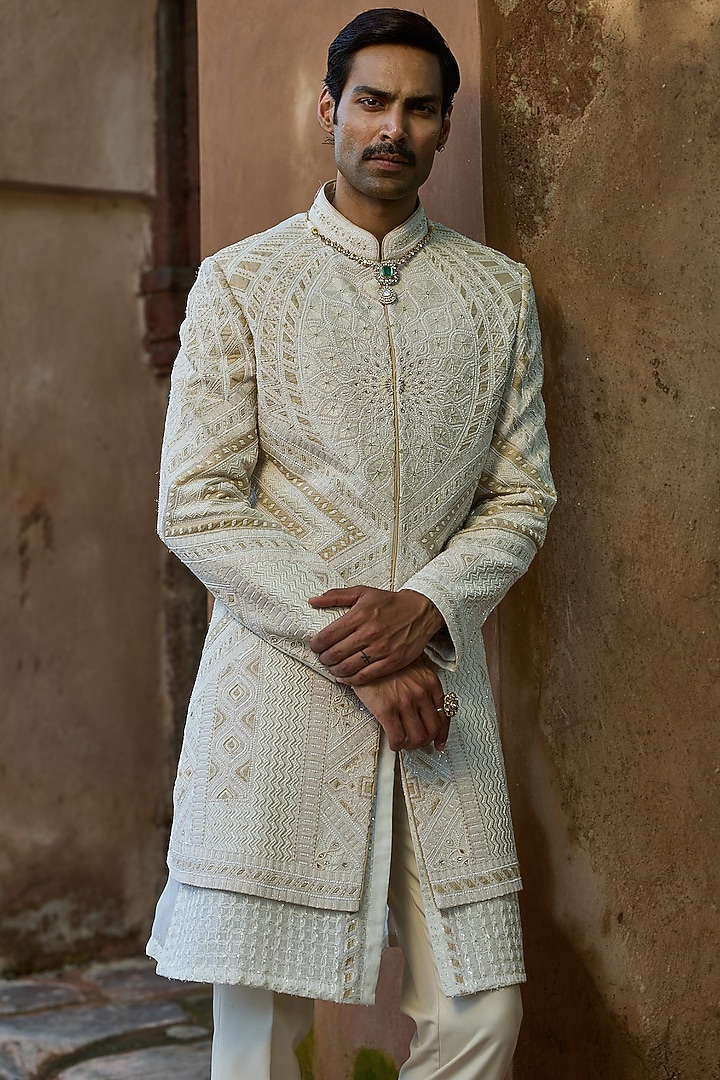Cream Raw Silk Moti Embroidered Groom Indowestern Set by ASUKA at Pernia's Pop Up Shop