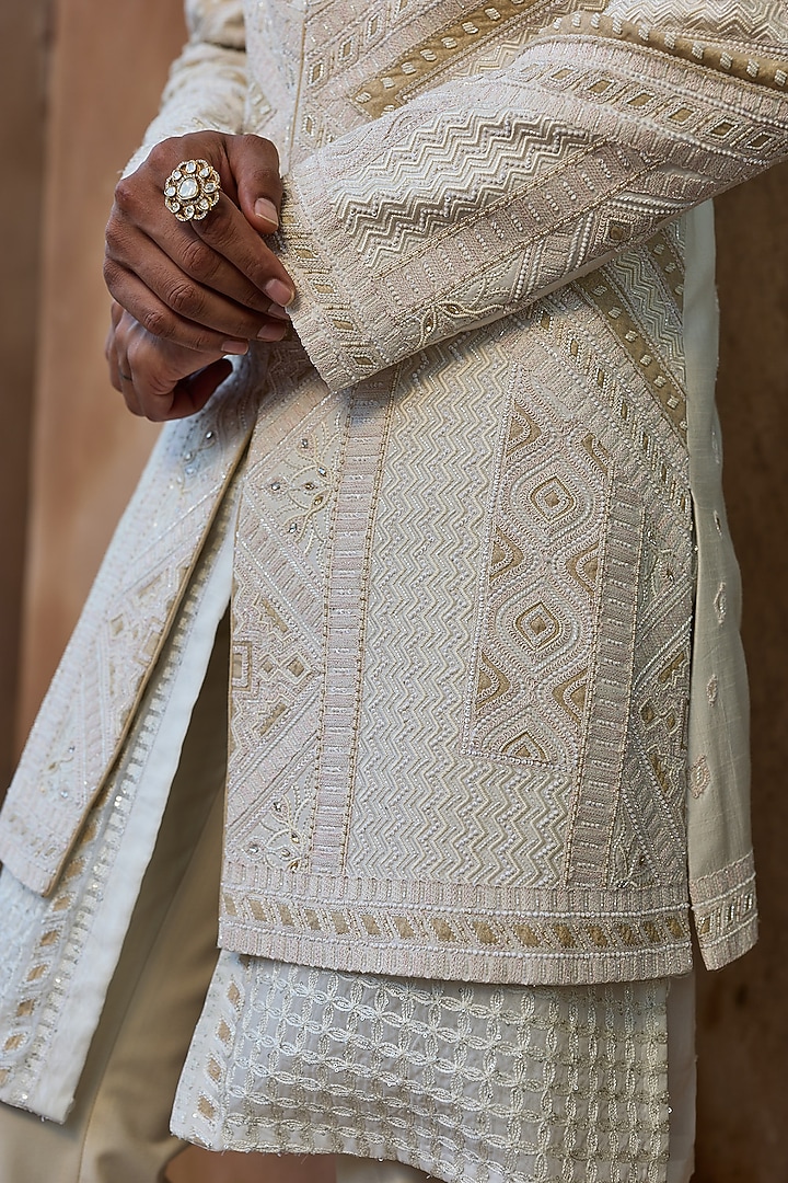 Cream Raw Silk Moti Embroidered Groom Indowestern Set by ASUKA at Pernia's Pop Up Shop