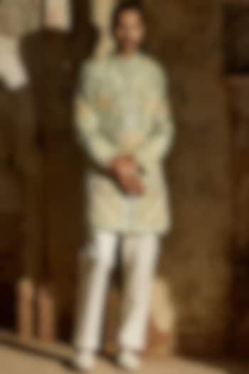 Pastel Green Tissue Moti Embroidered Groom Indowestern Set by ASUKA at Pernia's Pop Up Shop