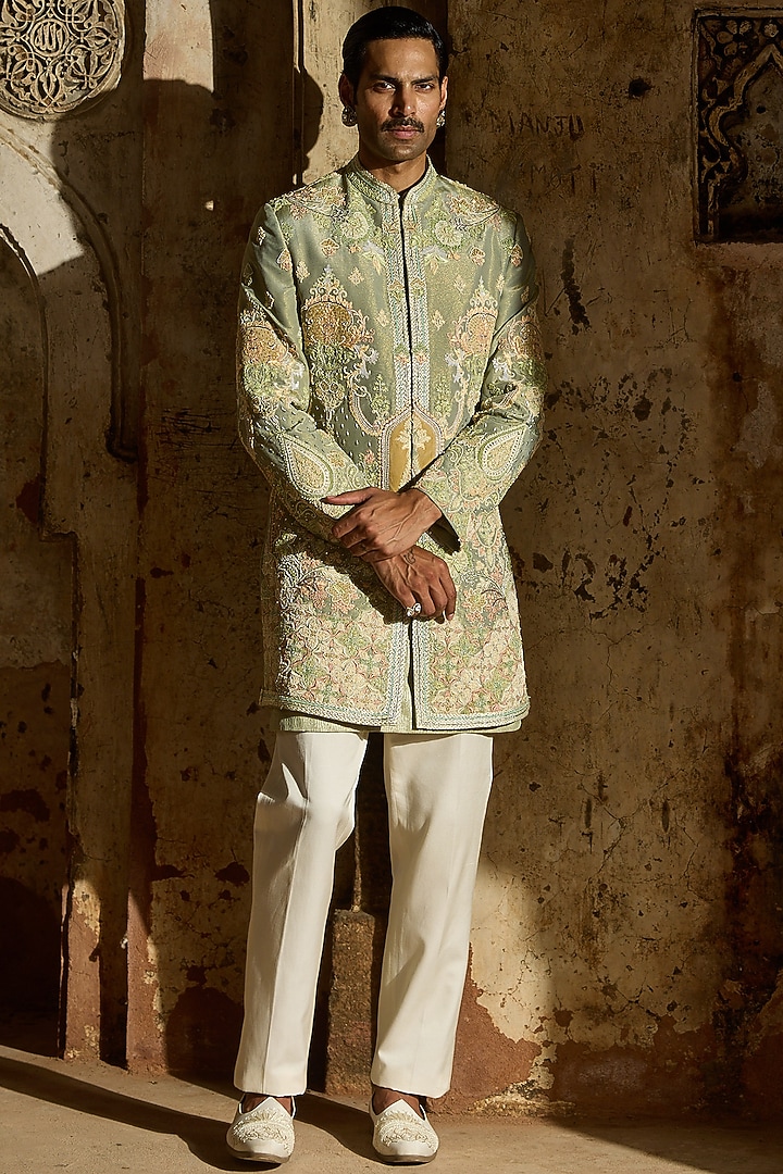 Pastel Green Tissue Moti Embroidered Groom Indowestern Set by ASUKA at Pernia's Pop Up Shop