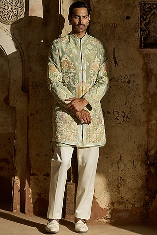 Pastel Green Tissue Moti Embroidered Indowestern Set by ASUKA