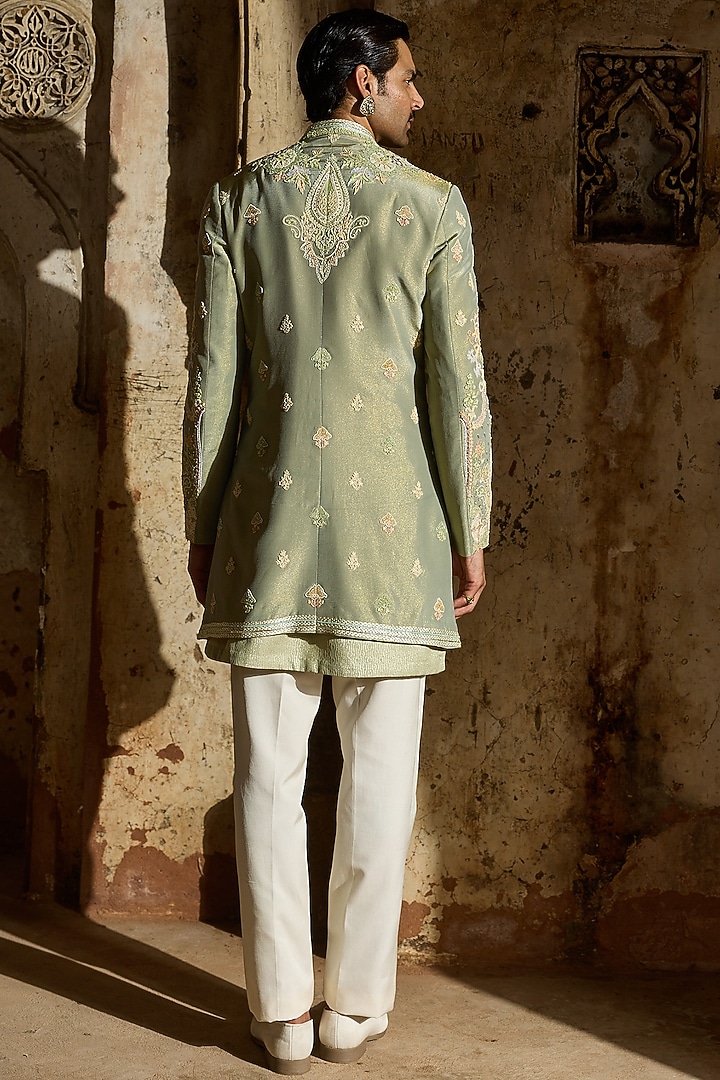 Pastel Green Tissue Moti Embroidered Groom Indowestern Set by ASUKA at Pernia's Pop Up Shop