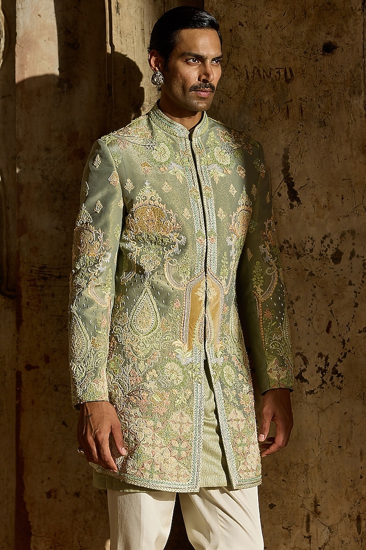 Pastel Green Tissue Moti Embroidered Groom Indowestern Set by ASUKA at Pernia's Pop Up Shop